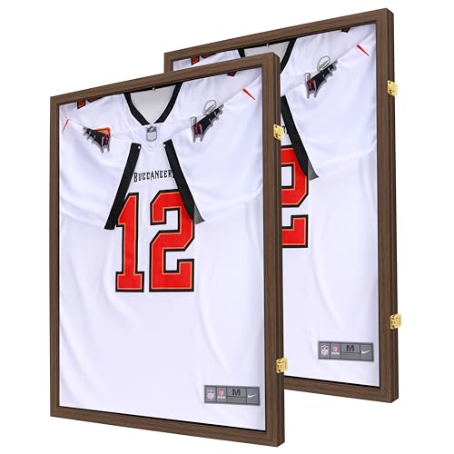 GUTAG Jersey Wooden Frame Display Case -Shadow Box with UV Protection for Baseball Basketball Football Hockey Sport Shirt and Uniform (Brown, 2 Packs)