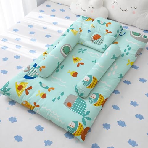 Image of StarAndDaisy Newborn Baby Bedding Nest Cushioned Mattress Sheet with 2 Side Bolster Pillows & 1 Head Pillow Breathable & Soft Boys & Girl Design.