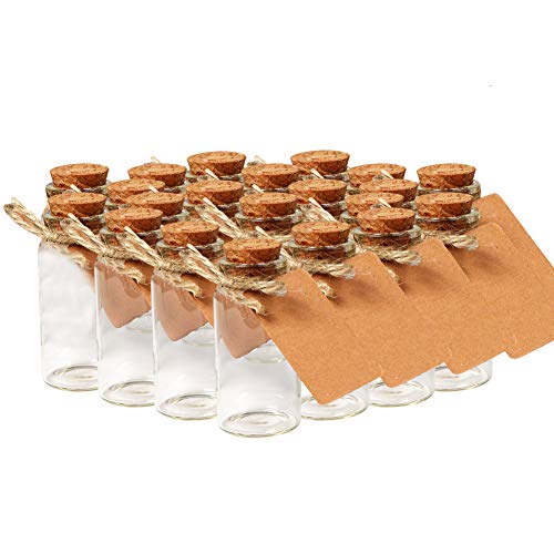 OurWarm 48pcs 25ml Glass Bottles with Cork Stoppers, Mini Small Glass Bottles, Clear Vials Glass Favor Jars with Tags and Strings for Wedding Favors DIY Crafts Baby Shower Birthday Home Decorations