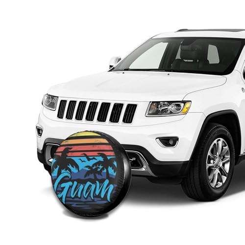 Image of Guam Island Flag Palm Trees Spare Tire Cover Weatherproof Wheel Protectors Dust-Proof Sun Protection Wheel Tire Covers Universal Fit for Truck SUV RV Camper Trailer Car Accessories 17 inch
