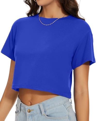 Image of Womens Summer Crop Tops Short Sleeve Round Neck T-Shirts Loose Fit Casual Blouse 2026
