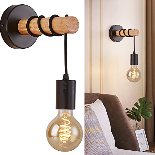 Applique murale d'intérieur, design rétro industriel, bois & métal, éclairage salon & chambre, douille E27, pour ampoule LED 60W max,Sans ampoule, noir