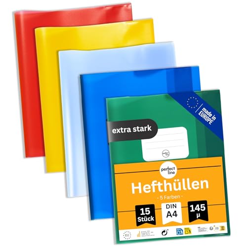 perfect line - 15 Hefthüllen DIN A4 5 Farben glasklar extra stark transparente Heftumschläge aus recycelbarem PP dokumentenecht säurefrei langlebig Heftschoner für Schule & Büro