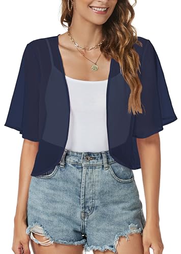Women Shrug Chiffon Cardigans Open Front Short Sleeve Bolero for Evening Dressy (Navy Blue,L)