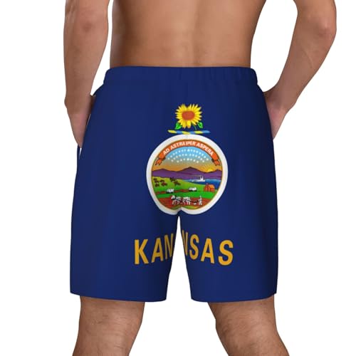Kansas State Flag Mens Double Polyester Swimsuit Trunks Swim Shorts with Compression Liner and Patch Pocket.4