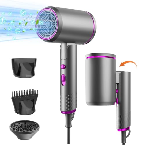 Ionic Travel Hairdryer Foldable Hair Blow Dryer Professional 2400W Hair Dryer with Diffuser Nozzle Hairdryers for Women Men, Powerful Airflow Quick Drying & Easy to Carry, Grey/Purple