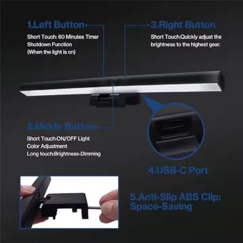Image of LED Monitor Light Bar, USB Powered Screen Light with 3 Color Modes, Stepless Brightness Control, Eye-Caring Monitor Lamp, Touch Control, Auto-Off Timer, Adjustable Clip-On Light for PC, Laptop