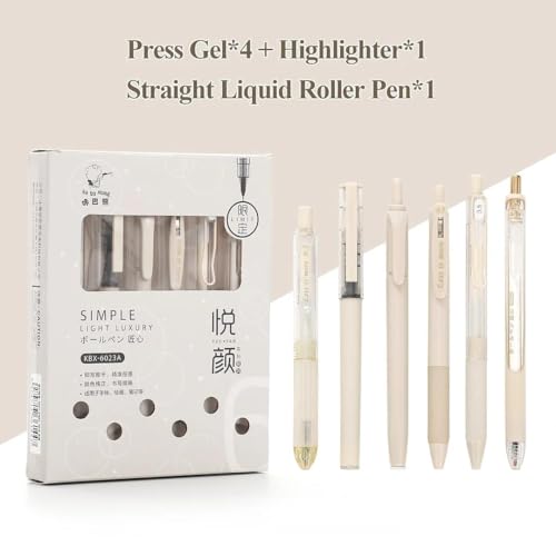 Image of Alokik Minimal Aesthetic Gel Pen Set (6 Pack) - 4 Press Gel Pens, 1 Highlighter & 1 Straight Liquid Roller Blue Ink Pen, Smooth Writing Pens for Students, Office, Journaling & School Supplies