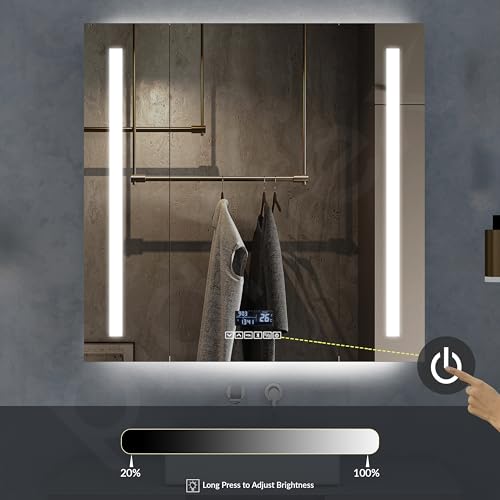 Image of Plantex 304 Stainless Steel Bathroom Organizer with Defogger,Bluetooth & Digital Display /Bathroom Cabinet Storage /Triple Door LED Mirror Cabinet for Wall(32x32 Inch, Chrome)