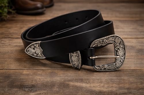 Image of Men's Genuine Leather Belt with Vintage Engraved 38mm (1.5 inch) Zinc Alloy Buckle | Premium Black /Brown Leather Belt for Jeans & Casual Wear