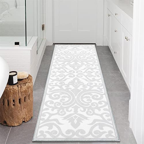 Uphome Hallway Runner Rug Light Gray Vintage Floral Extra Long Bathroom Rugs Non Slip Machine Washable Soft Velvet Bath Mat Luxury Paisley Boho Floor Mats for Sink Bedroom Living Room, 24x71 inch