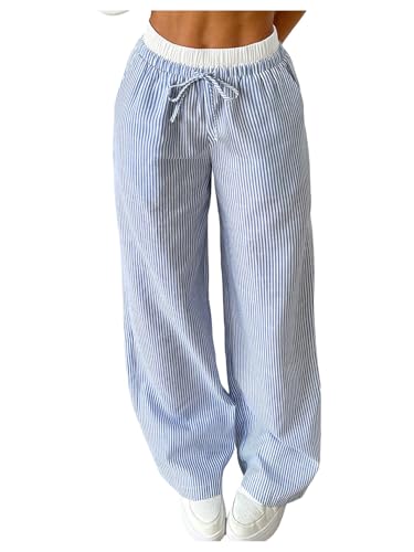 SOLY HUX Men's Striped Pants Drawstring Elastic Waist Wide Leg Baggy Pants Casual Streetwear