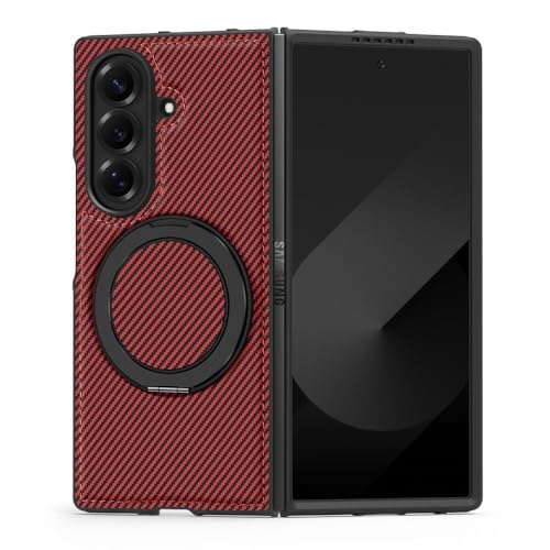 Étui Galaxy Z Fold 6 rouge protection intégrale en cuir carbone avec béquille