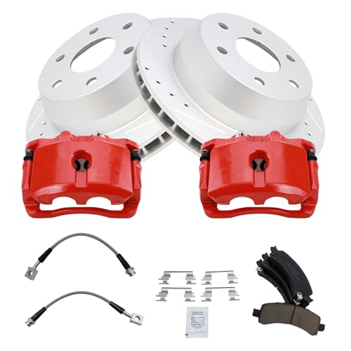 Image of TRQ Brake Pad & Rotor Kit Premium G-Coated Slotted X Drilled Performance Ceramic Compatible with 04-06 Cadillac 02-06 Chevrolet GMC