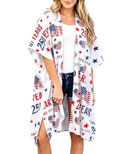 Image of Women's American Flag Kimono Cardigan 4th of July Cover Up Lightweight Patriotic Kimono Cover Up