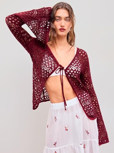 CIDER Womens Cardigans Hollow Out Crochet Bell Long Sleeve Tie Front Cover Ups Vacation Outfits2