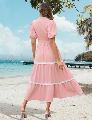 Image of Dressystar Women's Puff Sleeve Boho Maxi Dress V Neck Tiered Summer Wedding Guest Beach Vacation Dresses 2025