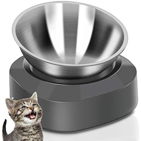 AYADA Raised Cat Food Bowl, Stainless Steel Cat Dish for Food Water Anti Vomiting Elevated with Stand Ergonomic Lifted Slanted Tilted 15 Angle Metal Single Kitty Kitten Wet Food Bowl Pet Bowl (Single) Cover