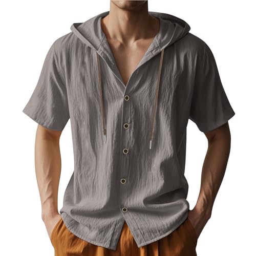 Mens Linen Hooded Shirts Short Sleeve Button Down Solid Loose Fit Lightweight Summer Beach Casual Tops 2025
