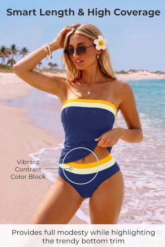 Image of Daci Women Strapless Tankini Tummy Control 2 Piece Bandeau Swimsuit | Full Coverage,Removable&Adjustable Straps,Built-in Soft Unremovable Bra,Ruched Tummy Control,Mid Waist Bottom,Fully Lined