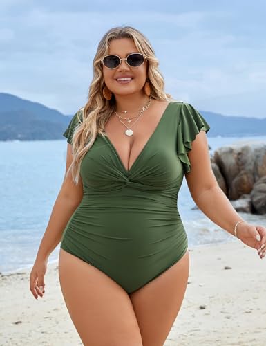Blooming Jelly Women One Piece Swimsuit Plus Size Tummy Control Bathing Suit Full Coverage Swimwear 2025 (XL, Army Green)4
