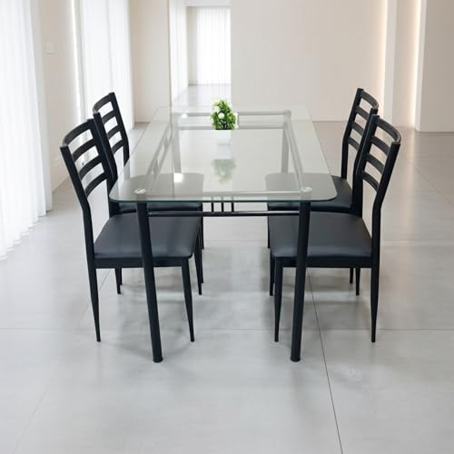 Image of Metal Dining Table Set 4 Seater with 12 mm Thick Clear Toughened Glass Top | Dining Table and Chair Set for Home Kitchen & Dining Room (Black, 4 Seater 2.5 x 4 feet)