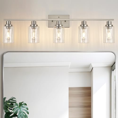 Image of Jonsi Nickel 5-Light Bathroom Vanity Light with Glass Shade, Modern Nickel Bathroom Lights Over Mirror, W 40.2 x H 10.7 inches