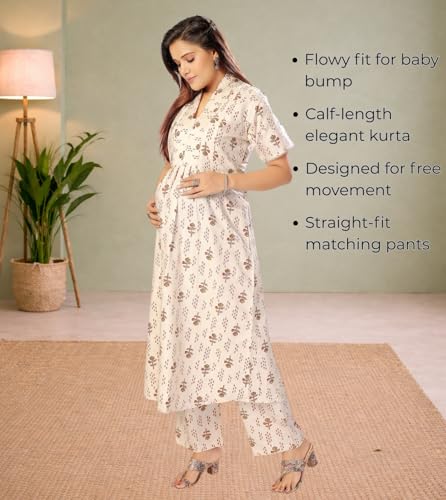 Image of Momenta Women's Pure Cotton Maternity Kurta Set | Feeding Kurti with Concealed Zippers | Maternity Dress for Pre & Post Pregnancy