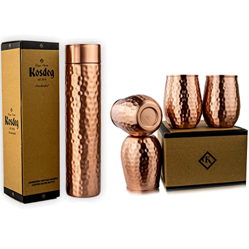 Kosdeg Copper Water Bottle - 34 Oz and Cups 12 oz - Smooth And Hammered Ayurvedic Pure Copper Vessels For Drinking - Drink More Water, Lower Your Sugar Intake And Enjoy The Health Benefits Immediately
