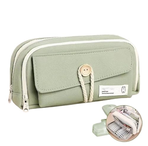 UIVXXUD Simple Style Cotton Rope Pencil Holder - Large Capacity Multi-layered Pencil Case Organizer, Aesthetic Minimalist Fabric Pen Pouch with Zipper, Durable Eco-Friendly Pen Pouch Bag (Green)