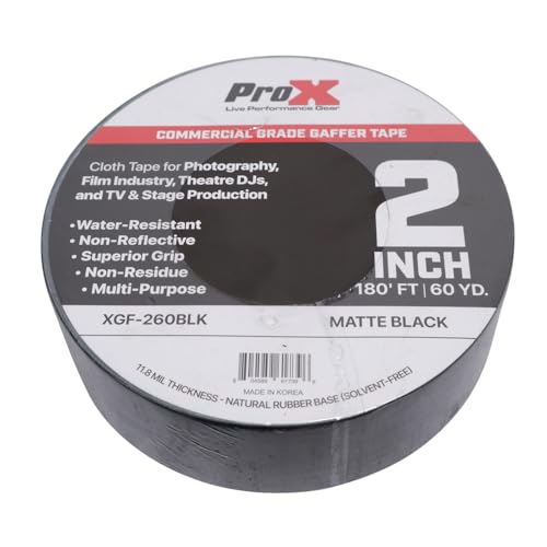 Prox XGF-260BLK 2 Inch 180FT 60YD Matte Black Commercial Grade Gaffer Tape Pros Choice Non-Residue