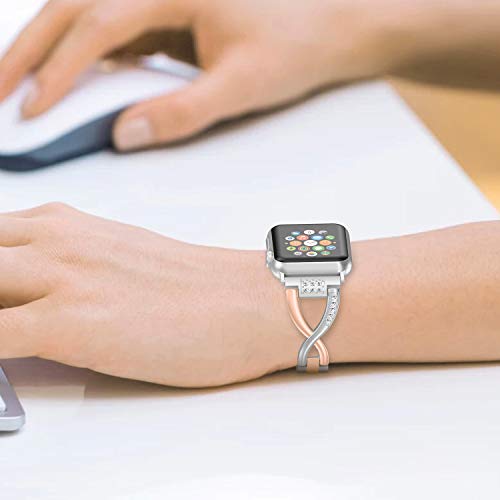 Image of Wearlizer Bling Gold Silver Compatible with Apple Watch Bands 38 /40 /41 /42mm 2-Tone Womens X-Link Rhinestone Wristband Dressy Metal Bracelet for iWatch Series 11 10 9 8 7 6 5 4 3 SE /Ultra 3 2 1