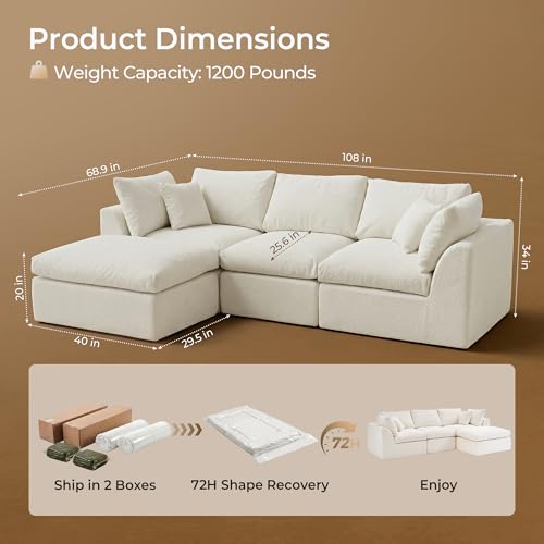 Image of Amsleekey 108 inch Cloud Sectional Couch with 2 Washable Cover Sets