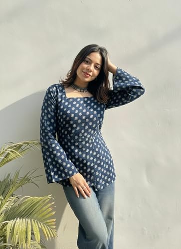 Image of ANNI Designer Women's Viscose Blend Printed Short Kurti | Straight Fit Casual Ethnic Top | Square Neck 3 /4 Sleeve Kurta Office College