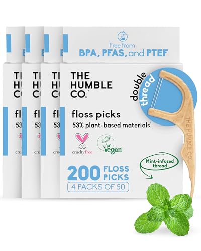 The Humble Co Dental Floss Picks for Teeth, 200 Count (Mint) - Double Thread Tooth Picks Flossers for Adults Gum Health - Toothpick Floss for Interdental Oral Care & Hygiene