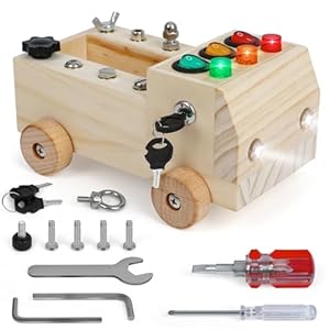 Wooden Truck Montessori Busy Board for Toddlers, Fine Preschool Motor Skills Learning Toy Tool Set with Screwdriver, Lights, Switches, Key, Button, Sensory Educational Montessori Wooden Car for Kids