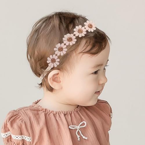ICKEYOU Baby Girls Flower Crown Headband Lace Handmade Floral Headbands Soft Elastic Band Daisy Hairband Newborn Infant Toddler Kids for Christening Baptism Birthday Party (Pink, Daisy)