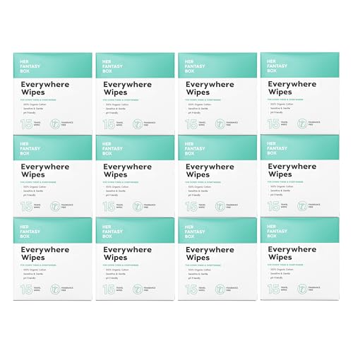 Her Fantasy Box | Everywhere Wipes – 100% Organic Cotton, Gentle &amp; Refreshing, pH-Balanced, Fragrance-Free, Plant-Powered for Body, Face &amp; Intimate Areas, Ideal for Sensitive Skin - 12 Pack, 180 Wipes