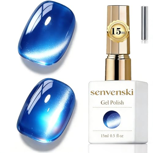 senvenski Jelly Glass Cat Eye Gel Nail Polish with Magnet 15ML Magnetic 3D Galaxy Holographic Glitter Translucent Sheer Color Gel Polish Salon Home DIY (Blue, MY1-009)