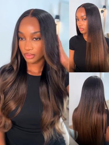Image of Sunber Yaki Straight Human Hair Wig Brown Ombre 7x5 Glueless Wigs 24 Inch
