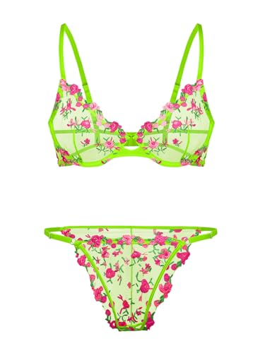 Image of Lilosy Sexy Floral Embroidered Mesh Sheer Underwire Lingerie Set