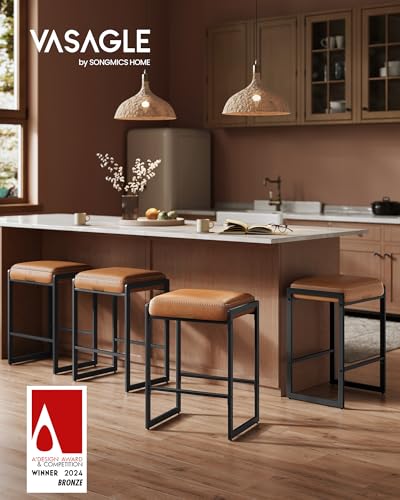 VASAGLE EKHO Collection - Bar Stools Set of 4, Counter Height Bar Stools, Synthetic Leather with Stitching, Mid-Century Modern Counter Stools, 26-Inch Tall, Kichen Home Bar Dining Room, Caramel Brown - view 2