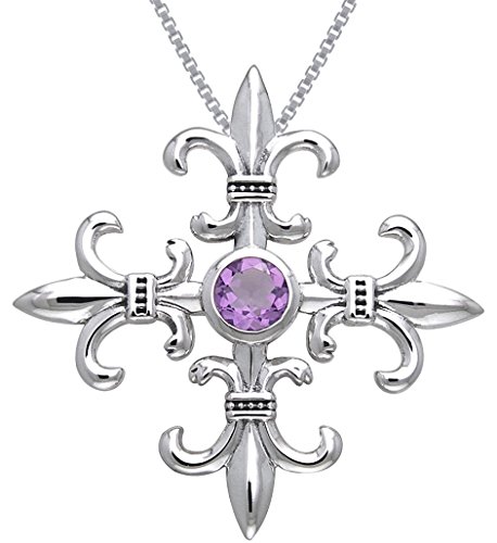 Sterling Silver and Amethyst Croix La Me'Re Fleur De Lis Pendant on 18 Inch Chain Necklace