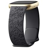 Getino Engraved Band Compatible with Fitbit Versa 4 & Sense 2, Soft Floral Pattern Sport Accessories for Women's Watch, Black