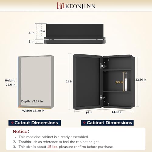 Keonjinn Gold Bathroom Medicine Cabinet with Mirror 16 x 24 Inch, Small Brushed Brass Medicine Cabinet, Stainless Steel Framed, Stepless Adjustable Shelves, DTC Hinges, Recessed or Surface Mount