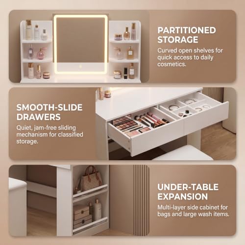 Image of YESHOMY 35.4 inch Vanity Desk with LED Mirror and Lights,Makeup Vanity Set with 2 Storage Drawers, 2 Side Shelves, 1 Storage Bench and Open Storage Shelves, 3 Color Modes, for Bedroom, Modern White