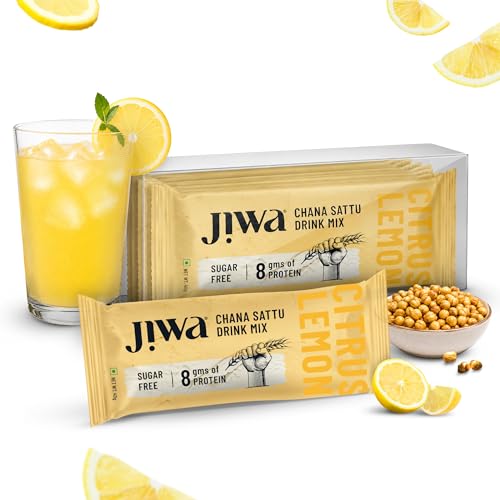 Image of Jiwa Chana Sattu Drink Mix (Pack of 5 x 40g) | Citrus Lemon Flavor | 8g Protein per Serving | Sugar Free, No Preservatives | Patented Cold Pressed Sattu | Instant Energy Drink | Healthy Drink For All Ages