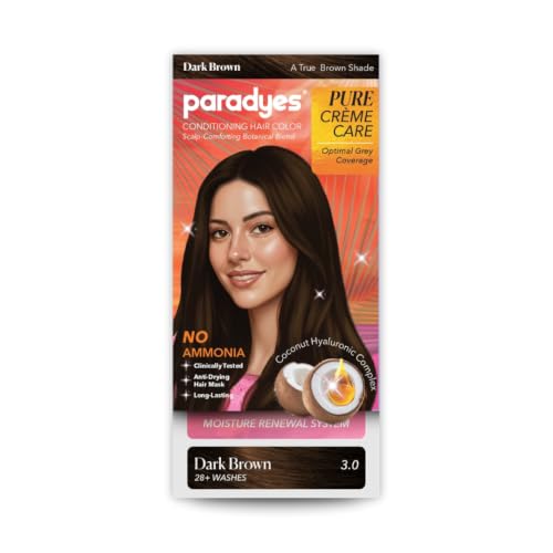 Image of Paradyes Pure Creme Care No Ammonia Hair Color Dark Brown 3.0 | Long-Lasting Creme Formula | Grey Coverage | Coconut Milk + Almond Oil + Hyaluronic Complex | Smooth & Shiny Finish | 120g+40 ml