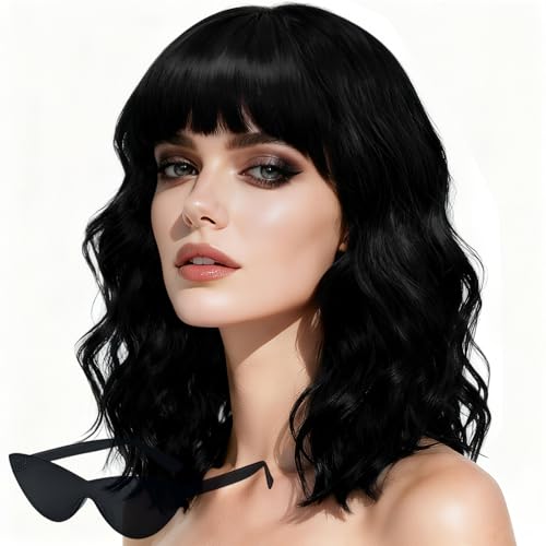 LOHO WONDERZ Wavy Wig and Sunglasses Set - 15 Inch Wavy Wig With Bangs - Heat Resistant Shoulder Length Curly Bob Wigs for Women - Bachelorette Party Costume Cosplay (Black)