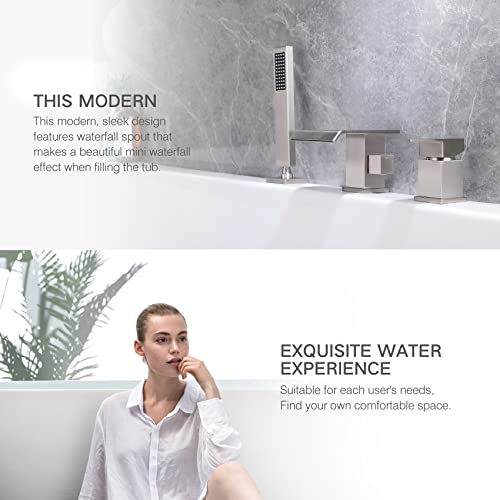 Taplong Modern Roman Tub Faucet With Hand Shower, Waterfall Deck Mount Bathtub Filler Faucet With Sprayer, Widespread 3-Holes Tub Shower Faucet Set In Brushed Nickel, 02763Bn #TOP6
